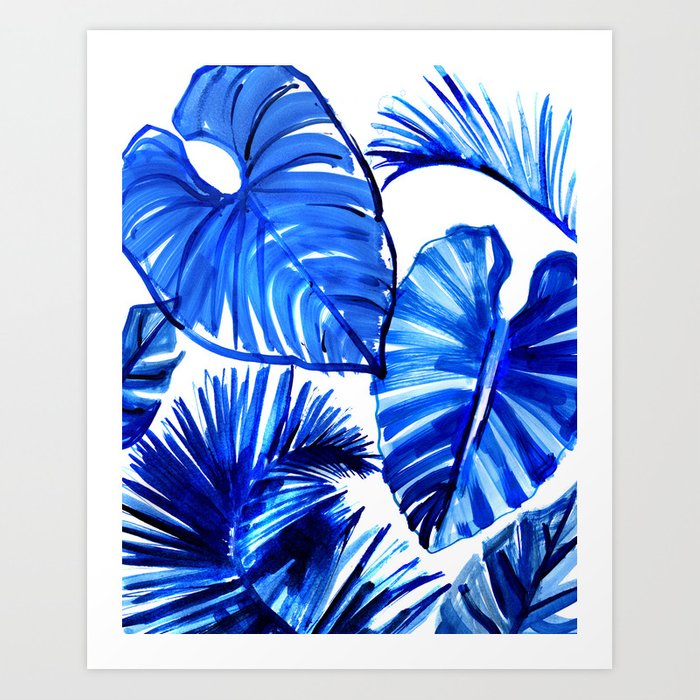 bright blue jungle leaves prints