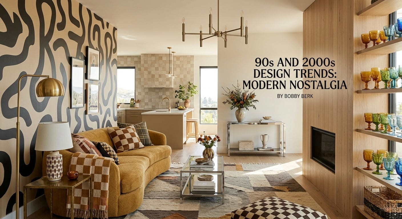 A modern, sunlit living room featuring a mix of revived 90s and 2000s design trends. The space includes a bold, large-scale geometric wallpaper in teal, ochre, and blush, paired with light natural wood wall paneling. A cream-colored sectional sofa is accented with checkered and patterned pillows, while a chrome-framed coffee table sits on a vintage-style rug. In the background, open wooden shelves display a collection of vibrant, colored glassware, and unlacquered brass light fixtures provide a warm, sophisticated finish.